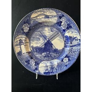 Adams The Cape Cod Plate Blue Staffordshire 10 3/8” Windmill Scene transferware